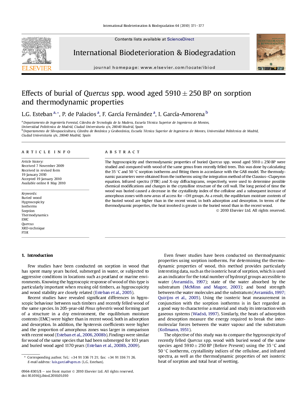 Effects of burial of Quercus spp. wood aged 5910 ± 250 BP on sorption and thermodynamic properties