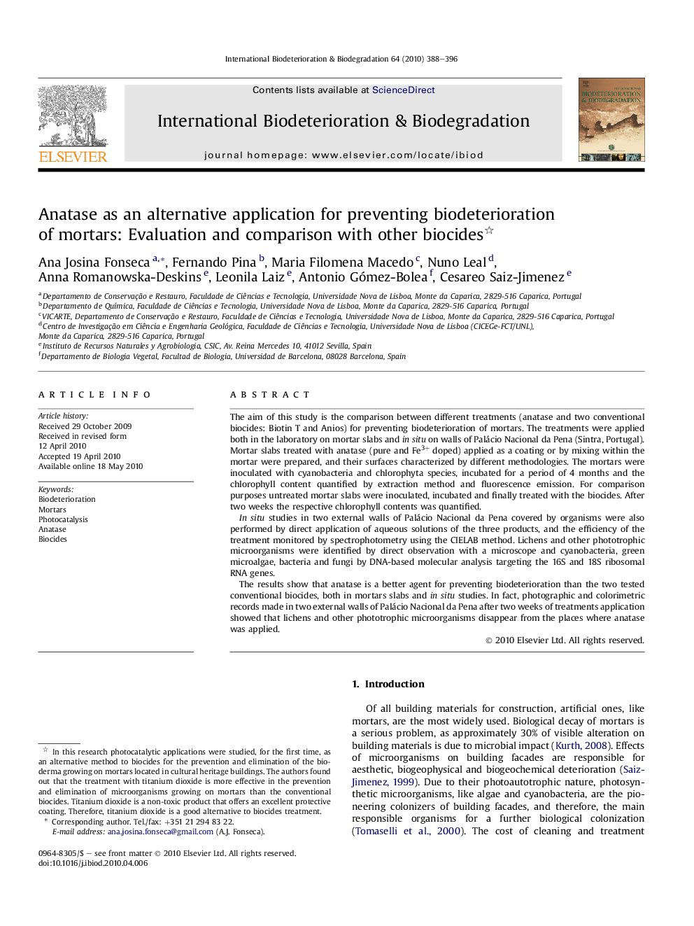 Anatase as an alternative application for preventing biodeterioration of mortars: Evaluation and comparison with other biocides 