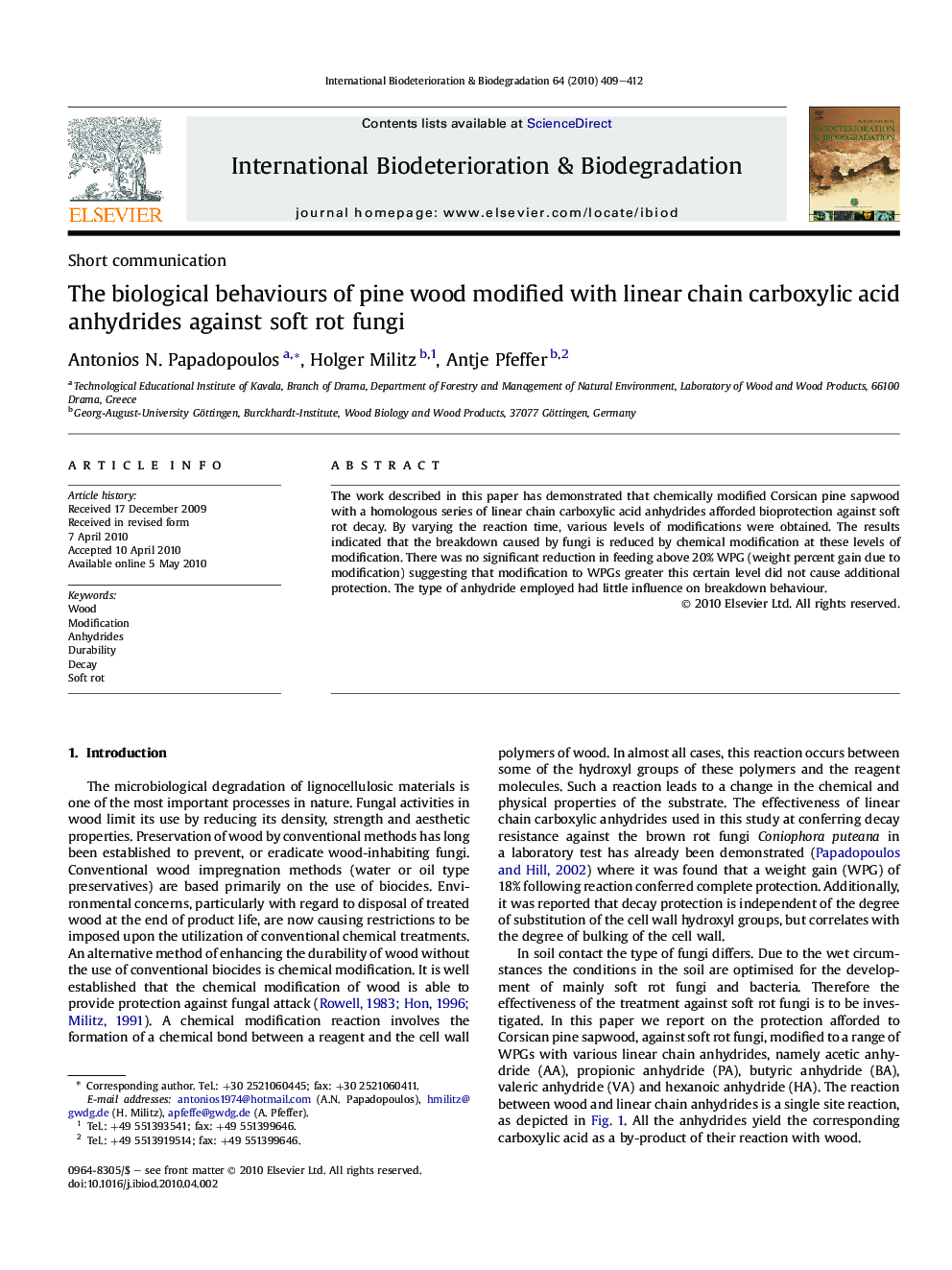 The biological behaviours of pine wood modified with linear chain carboxylic acid anhydrides against soft rot fungi