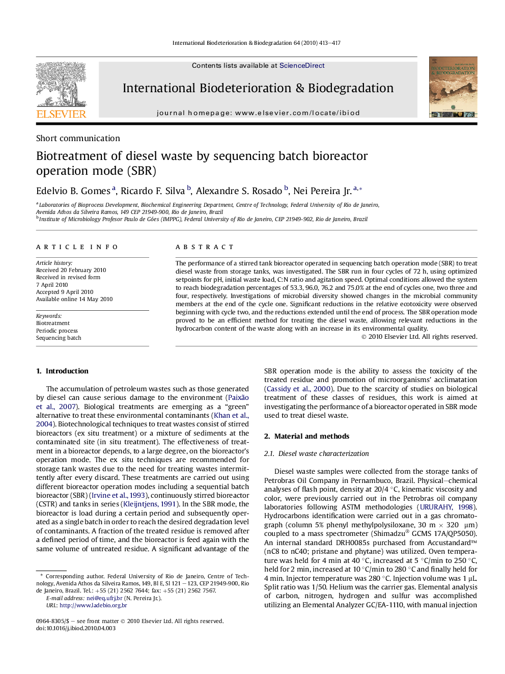 Biotreatment of diesel waste by sequencing batch bioreactor operation mode (SBR)