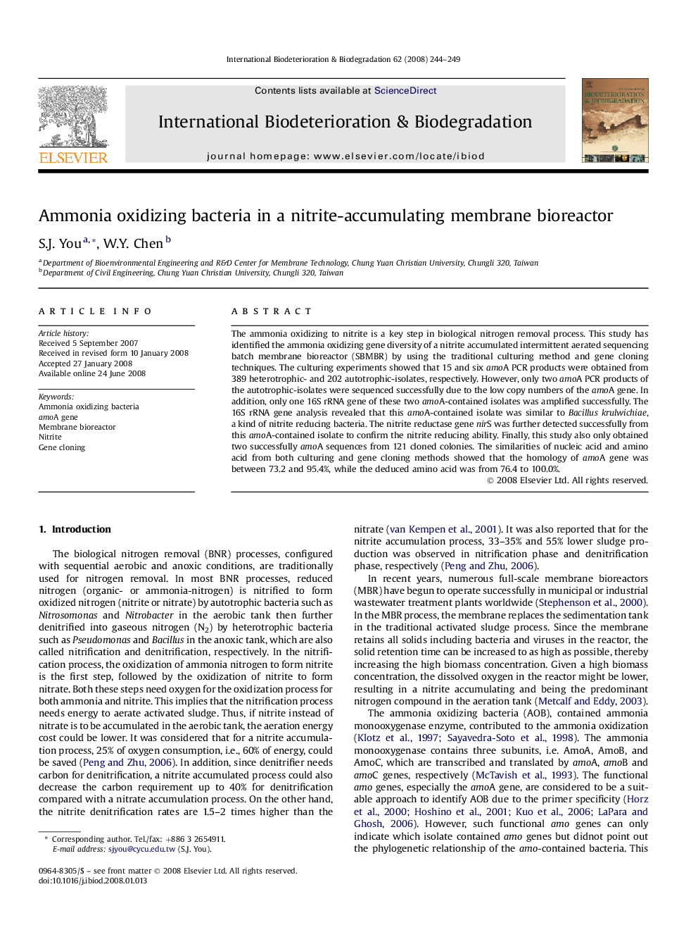 Ammonia oxidizing bacteria in a nitrite-accumulating membrane bioreactor