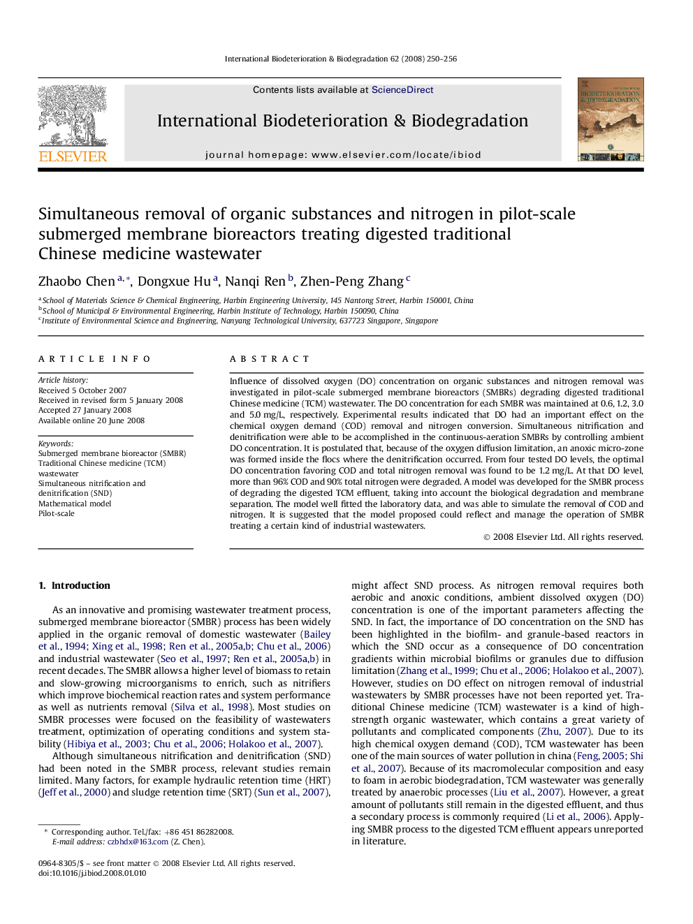 Simultaneous removal of organic substances and nitrogen in pilot-scale submerged membrane bioreactors treating digested traditional Chinese medicine wastewater