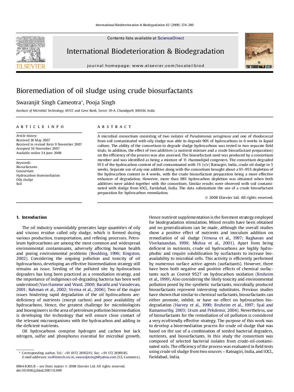 Bioremediation of oil sludge using crude biosurfactants