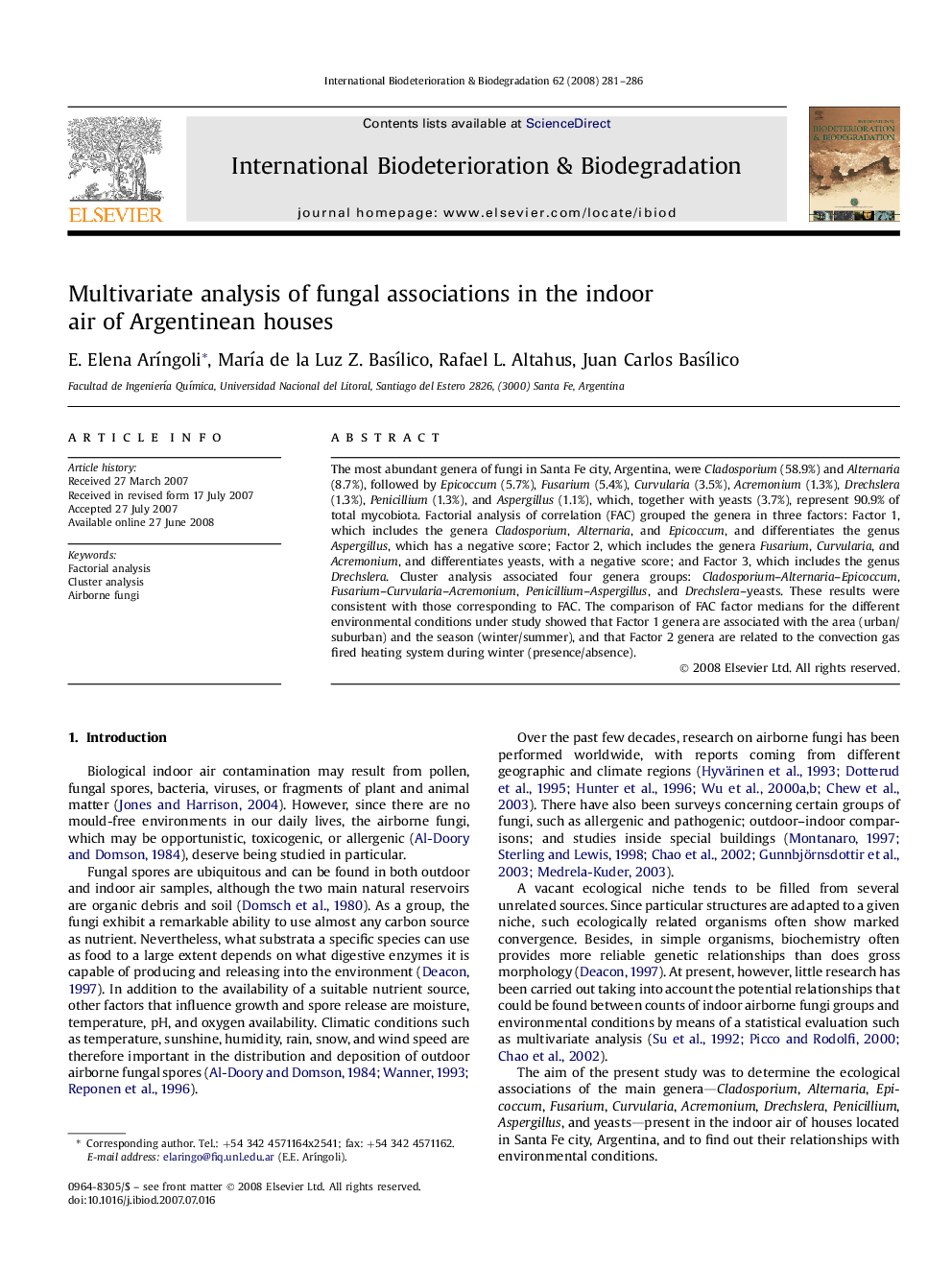 Multivariate analysis of fungal associations in the indoor air of Argentinean houses