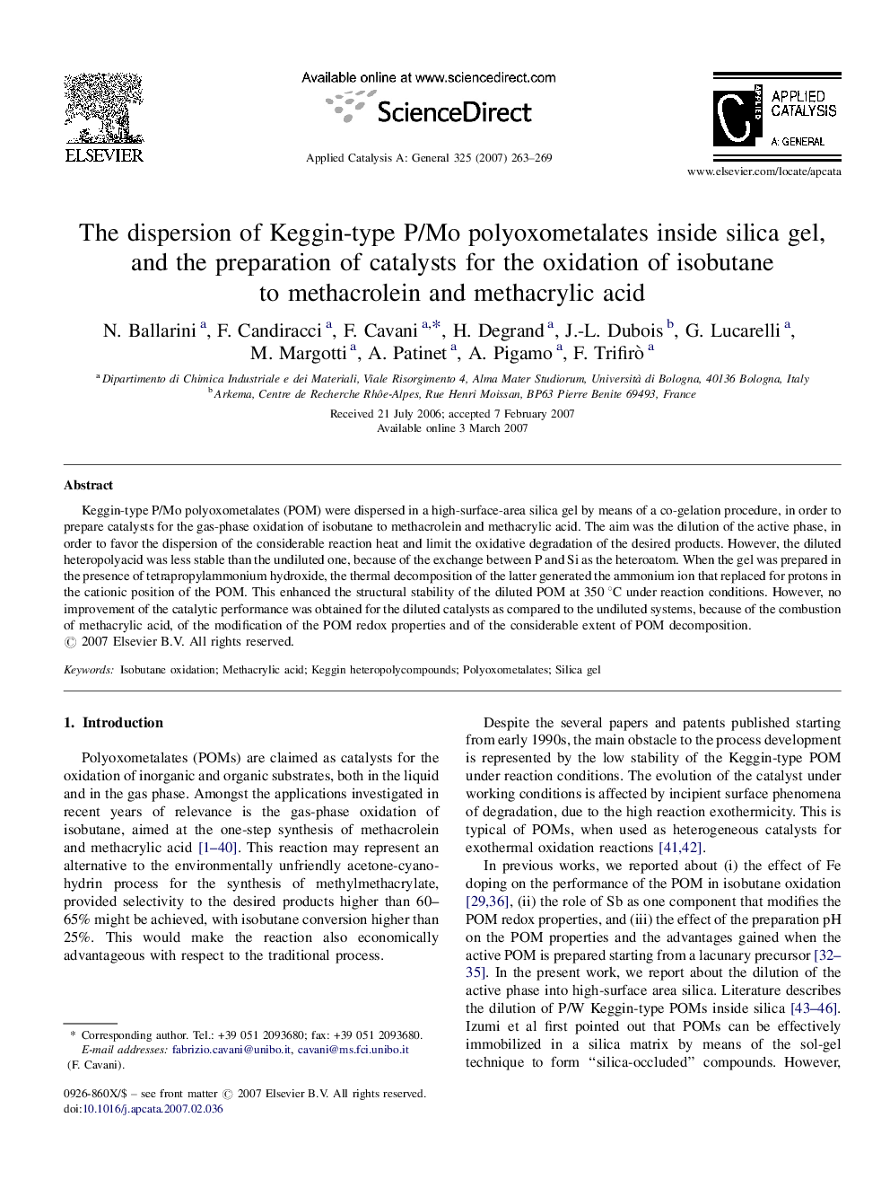 The dispersion of Keggin-type P/Mo polyoxometalates inside silica gel, and the preparation of catalysts for the oxidation of isobutane to methacrolein and methacrylic acid