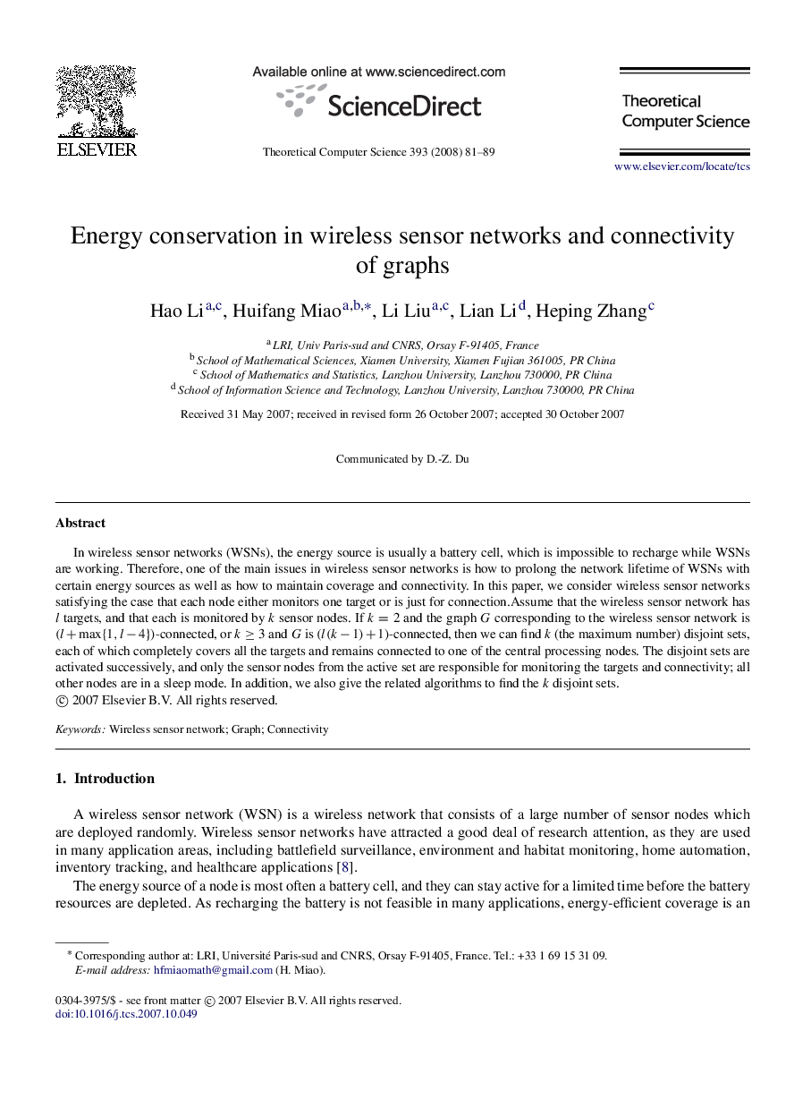 Energy conservation in wireless sensor networks and connectivity of graphs