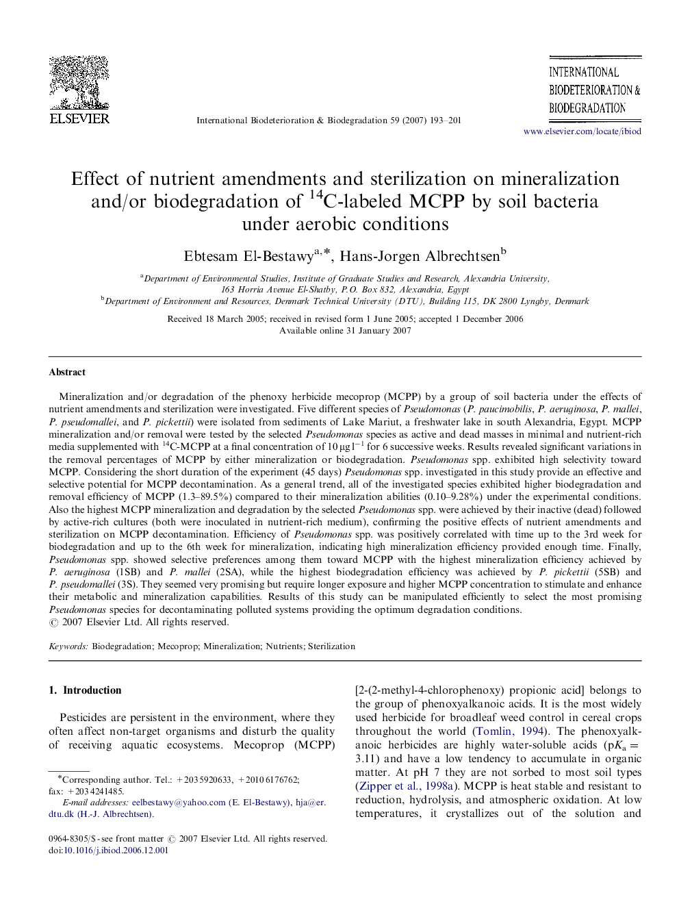 عکس صفحه اول مقاله: Effect of nutrient amendments and sterilization on mineralization and/or biodegradation of 14C-labeled MCPP by soil bacteria under aerobic conditions Effect of nutrient amendments and sterilization on mineralization and/or biodegradation of 14C-labeled MCPP by soil bacteria under aerobic conditions