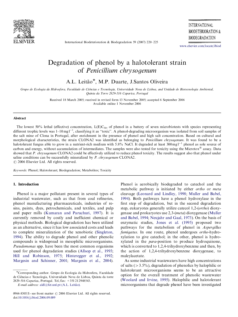 Degradation of phenol by a halotolerant strain of Penicillium chrysogenum