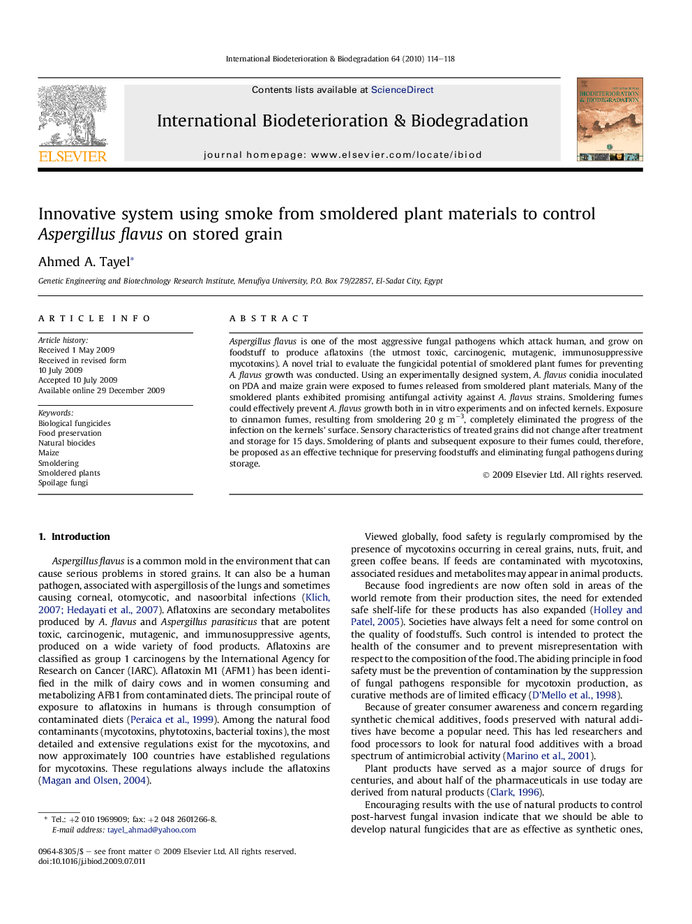 Innovative system using smoke from smoldered plant materials to control Aspergillus flavus on stored grain