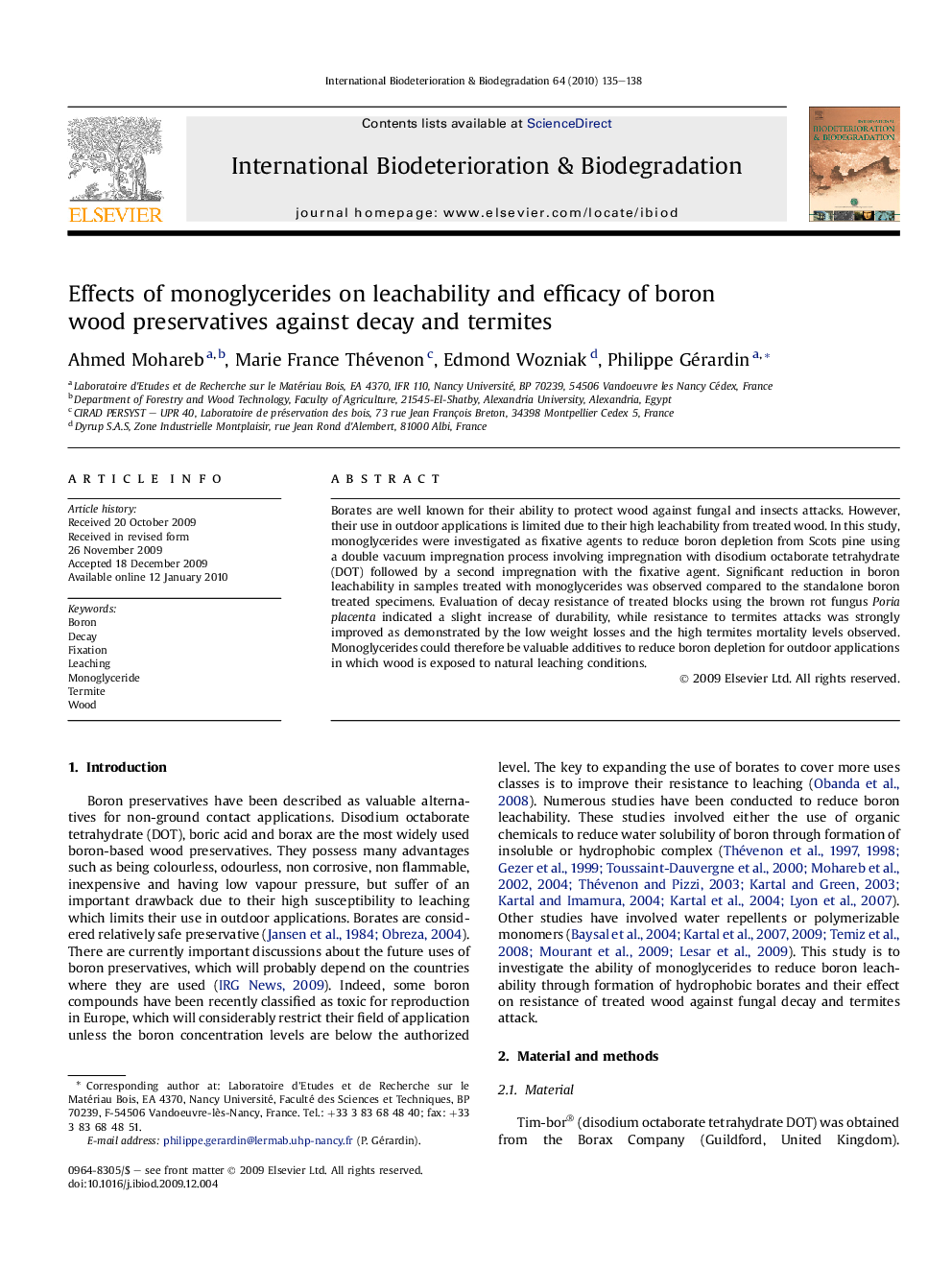 Effects of monoglycerides on leachability and efficacy of boron wood preservatives against decay and termites