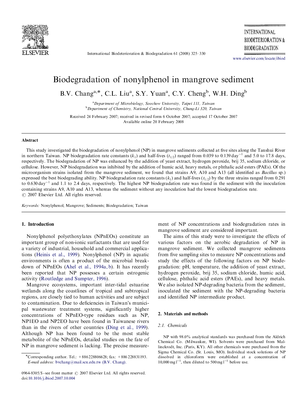 Biodegradation of nonylphenol in mangrove sediment