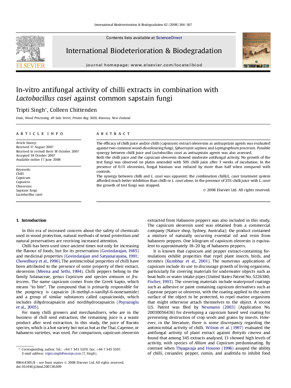 In-vitro antifungal activity of chilli extracts in combination with Lactobacillus casei against common sapstain fungi