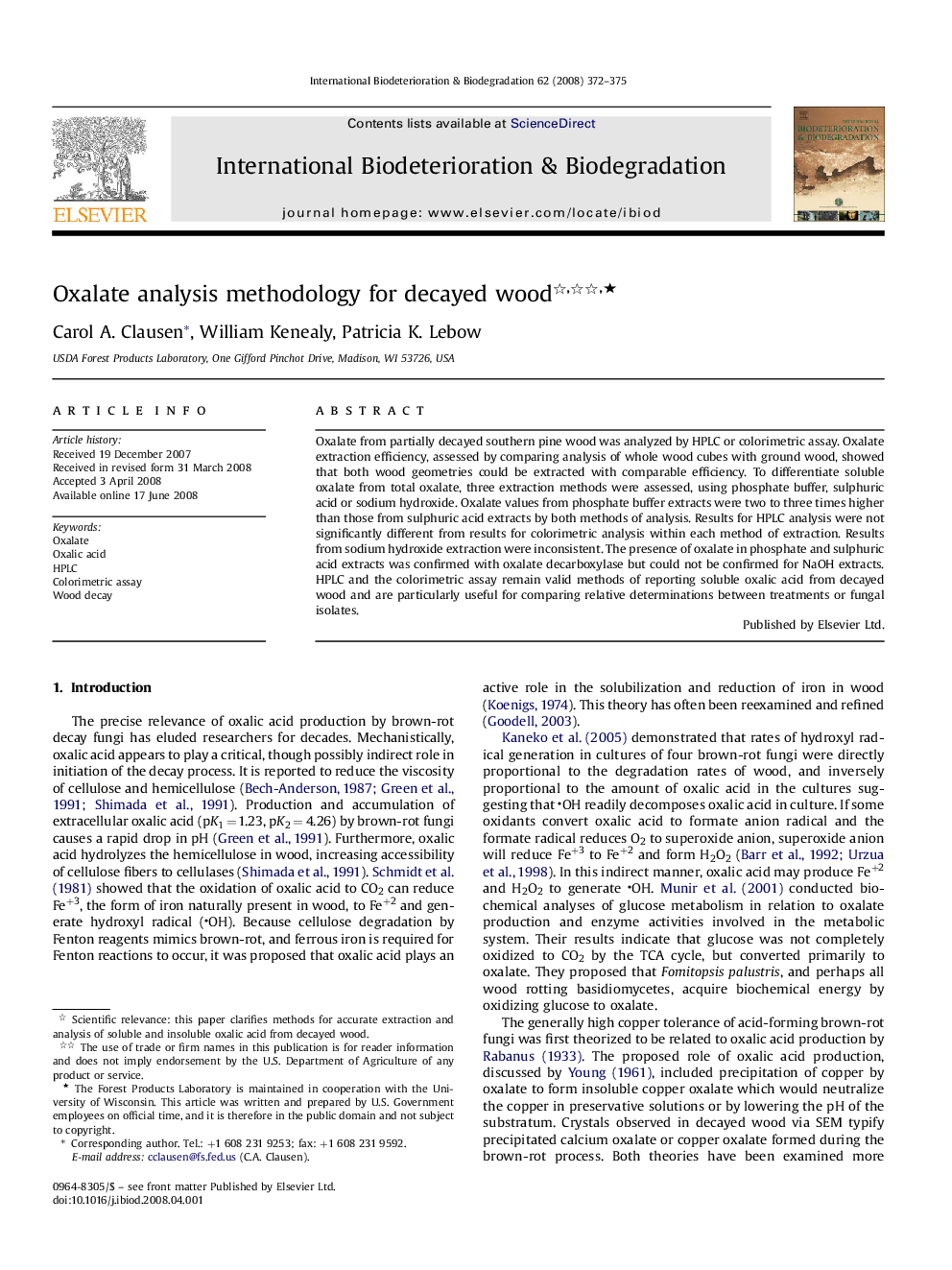 Oxalate analysis methodology for decayed wood ★