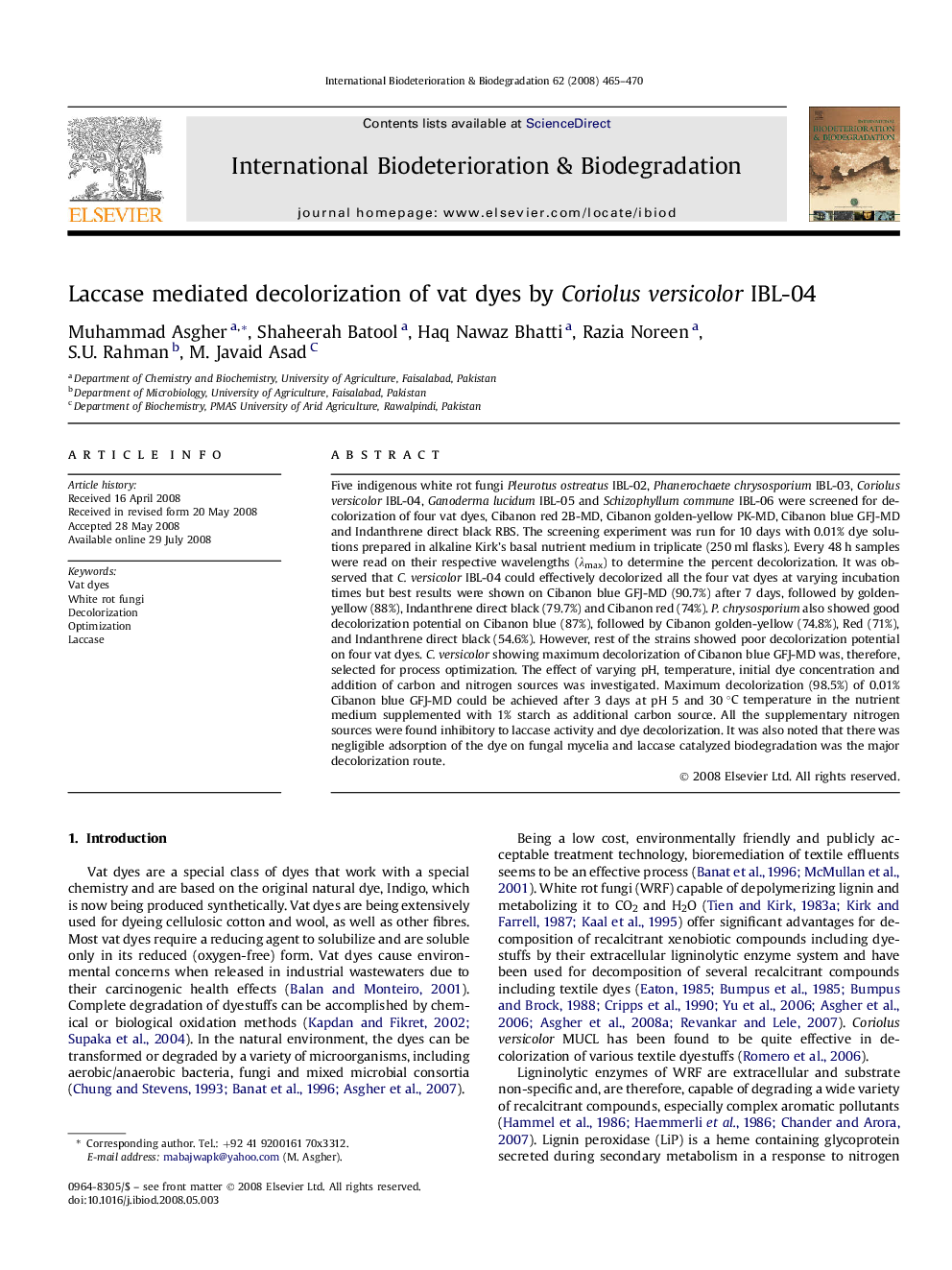 Laccase mediated decolorization of vat dyes by Coriolus versicolor IBL-04