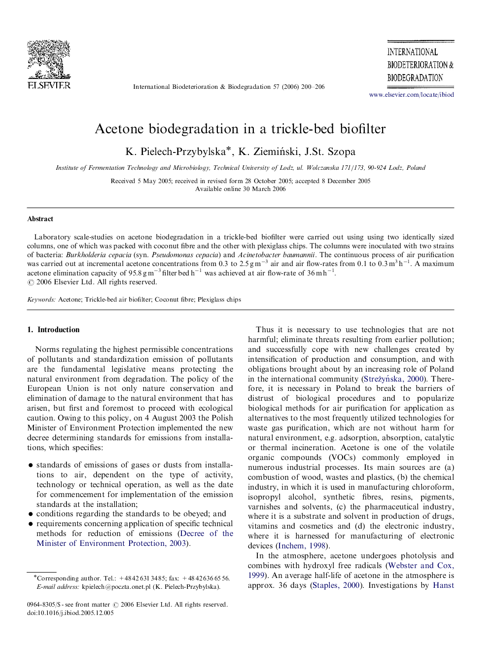 Acetone biodegradation in a trickle-bed biofilter