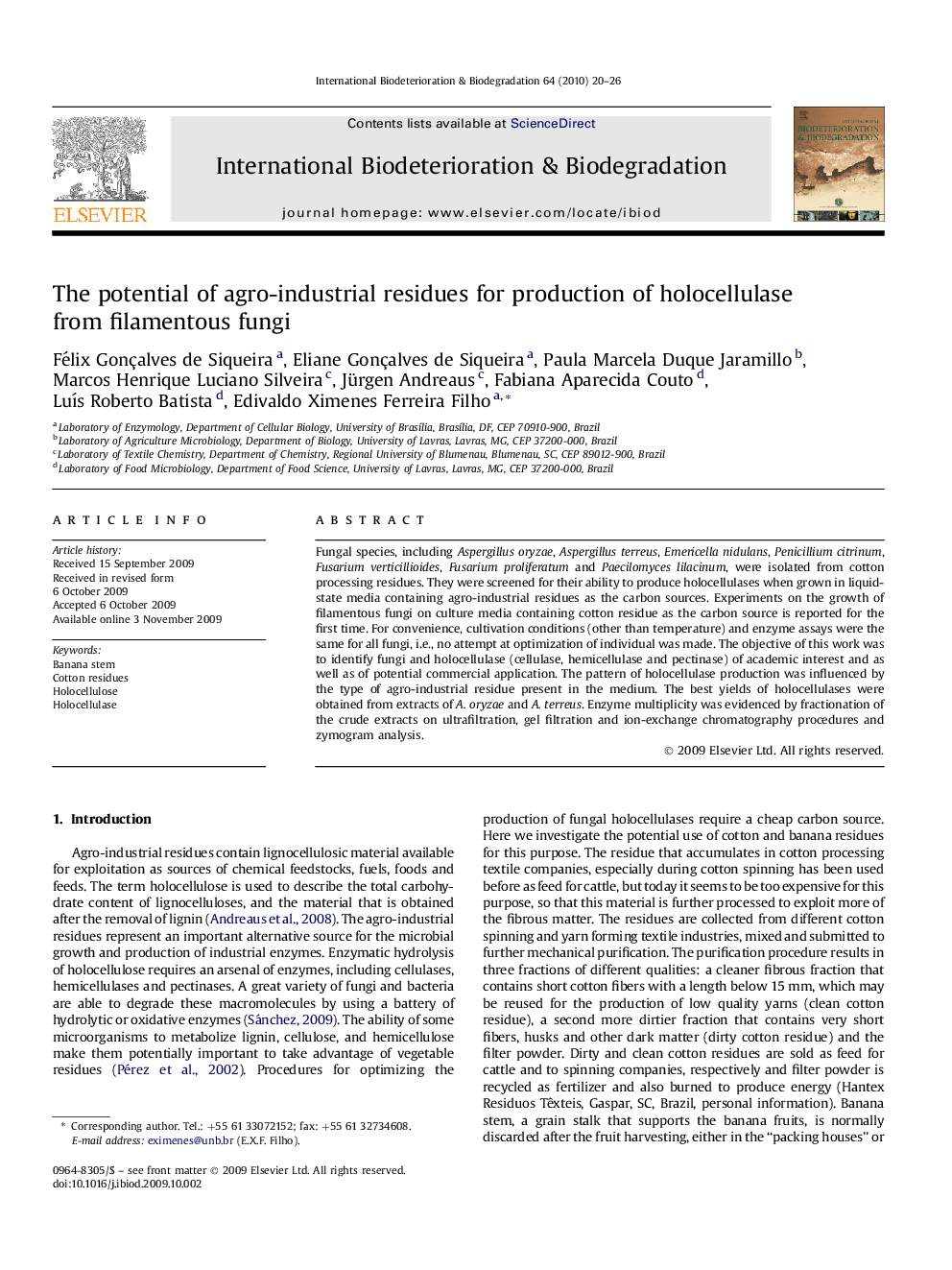 The potential of agro-industrial residues for production of holocellulase from filamentous fungi