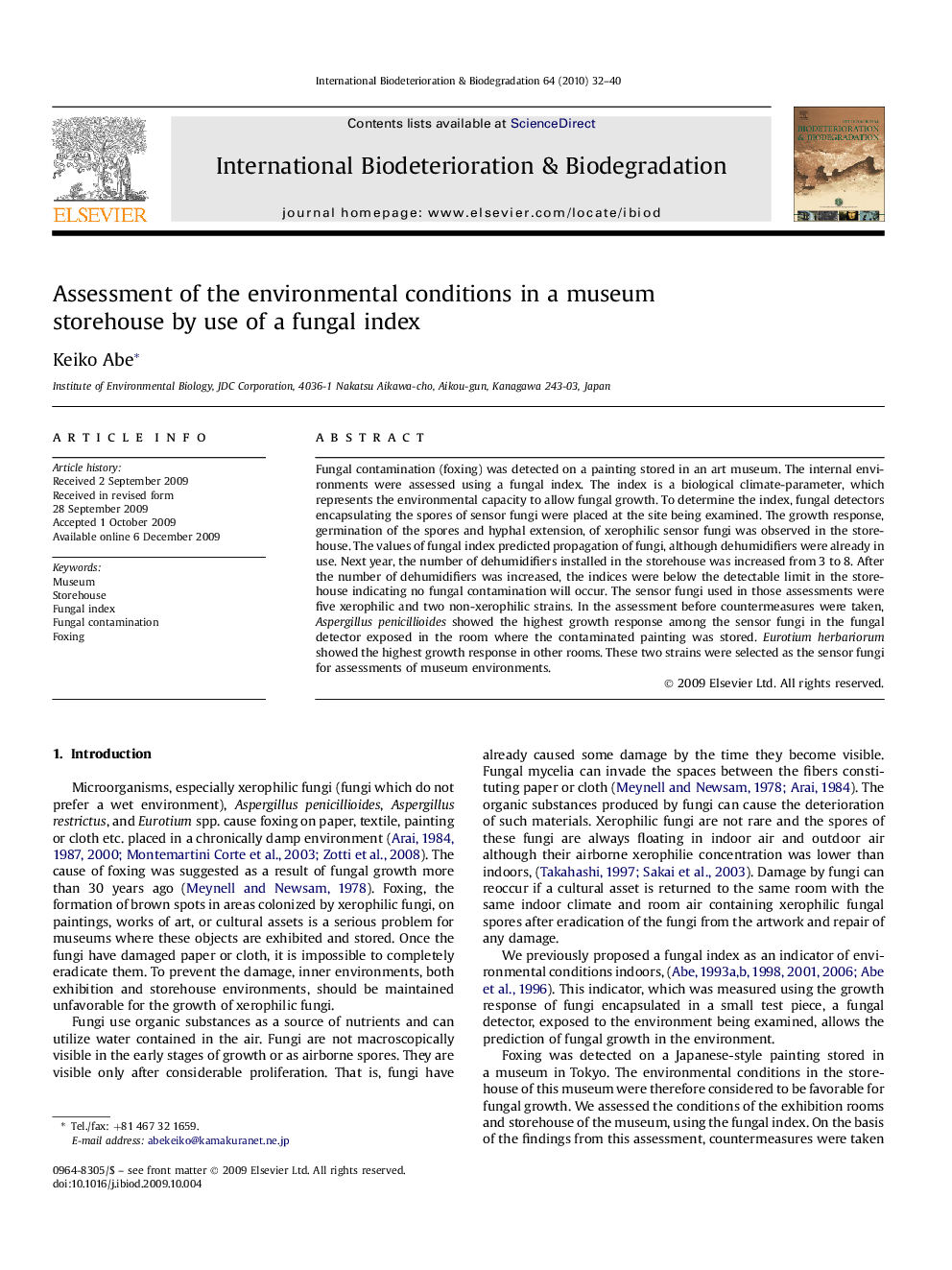 Assessment of the environmental conditions in a museum storehouse by use of a fungal index