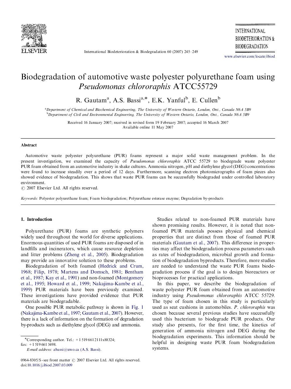 Biodegradation of automotive waste polyester polyurethane foam using Pseudomonas chlororaphis ATCC55729