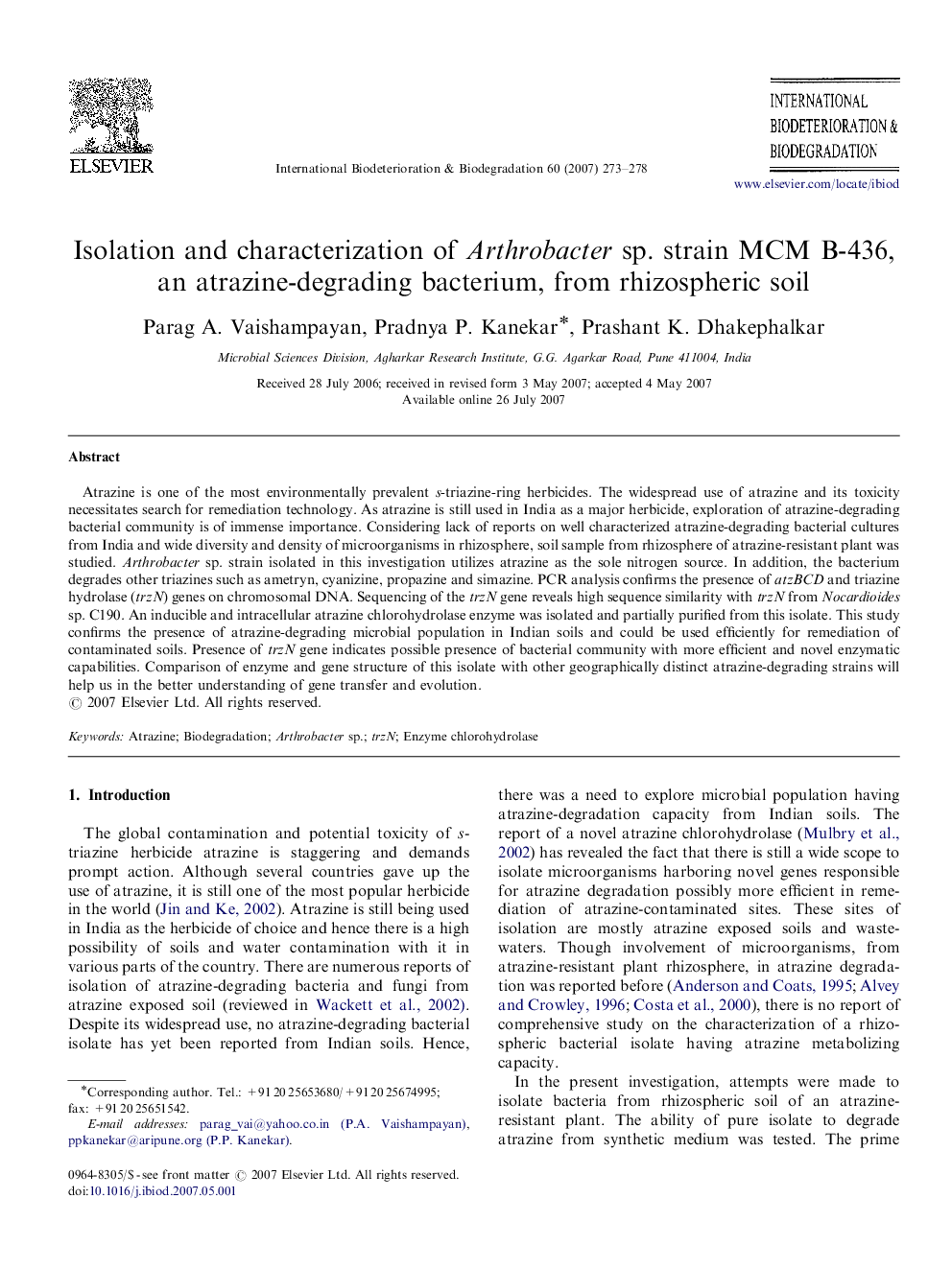 Isolation and characterization of Arthrobacter sp. strain MCM B-436, an atrazine-degrading bacterium, from rhizospheric soil