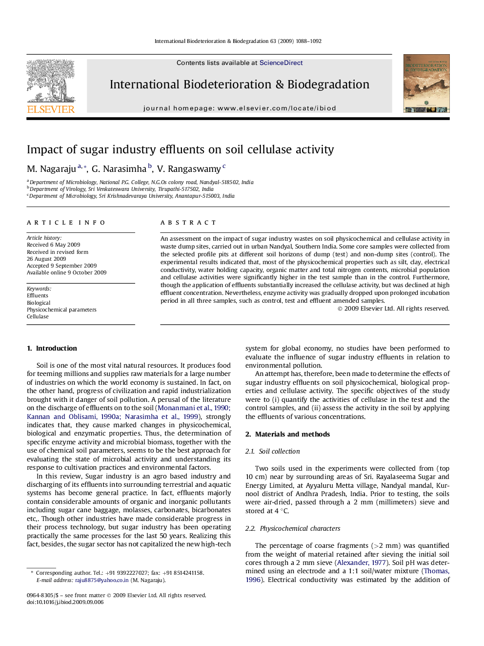 Impact of sugar industry effluents on soil cellulase activity