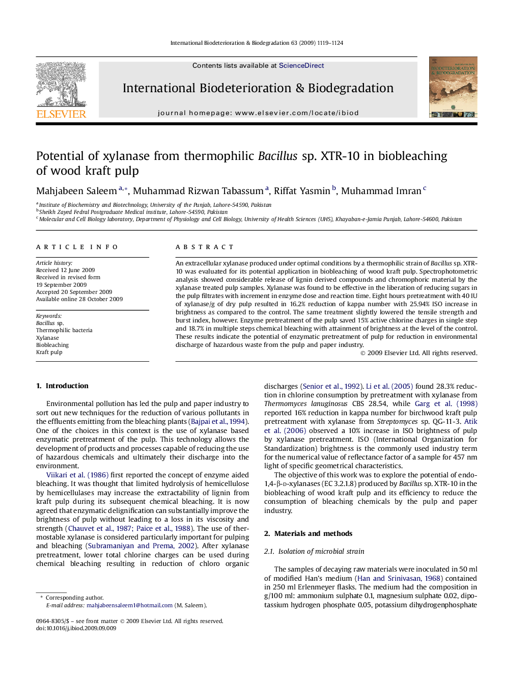 Potential of xylanase from thermophilic Bacillus sp. XTR-10 in biobleaching of wood kraft pulp