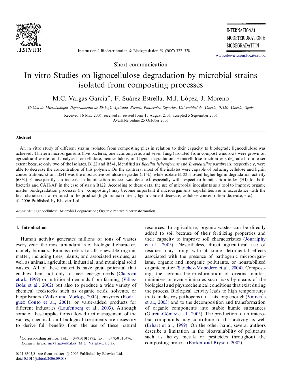 In vitro Studies on lignocellulose degradation by microbial strains isolated from composting processes