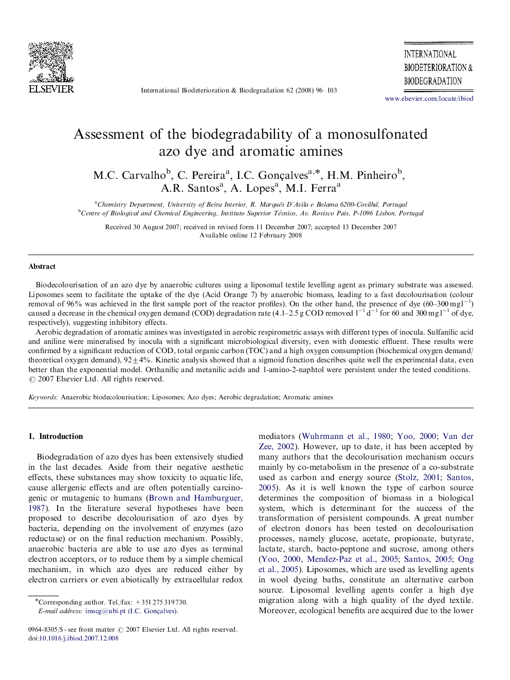 Assessment of the biodegradability of a monosulfonated azo dye and aromatic amines