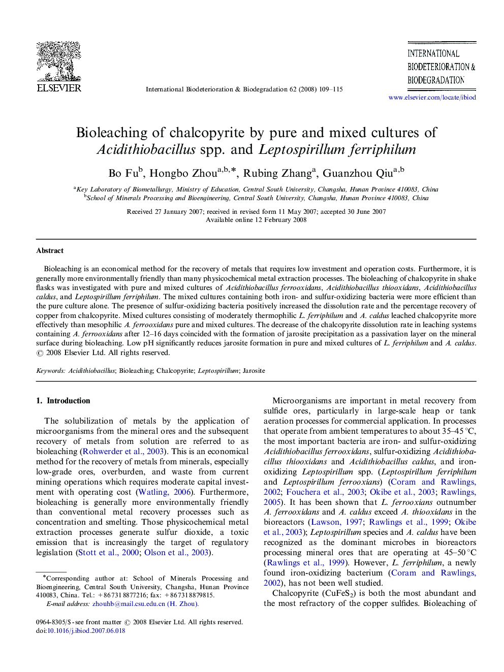 Bioleaching of chalcopyrite by pure and mixed cultures of Acidithiobacillus spp. and Leptospirillum ferriphilum