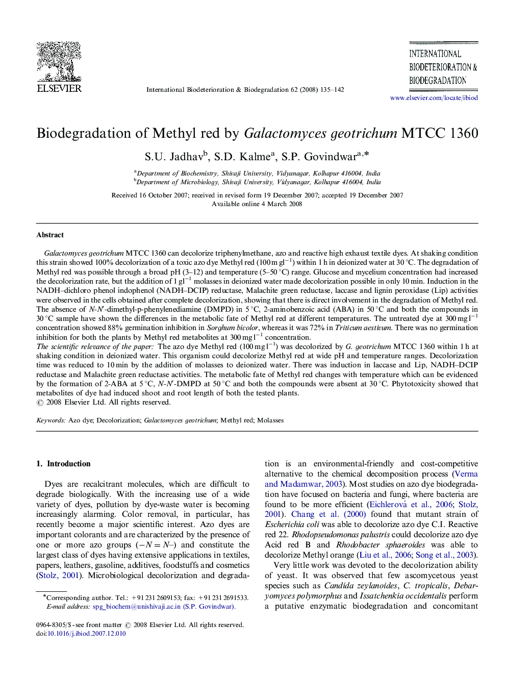 Biodegradation of Methyl red by Galactomyces geotrichum MTCC 1360