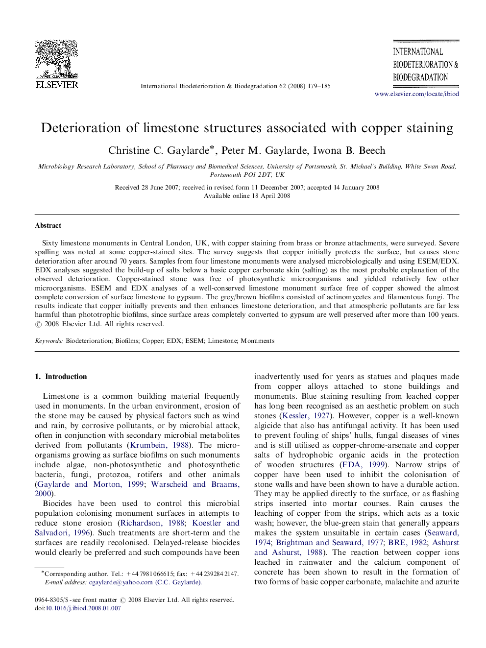 Deterioration of limestone structures associated with copper staining