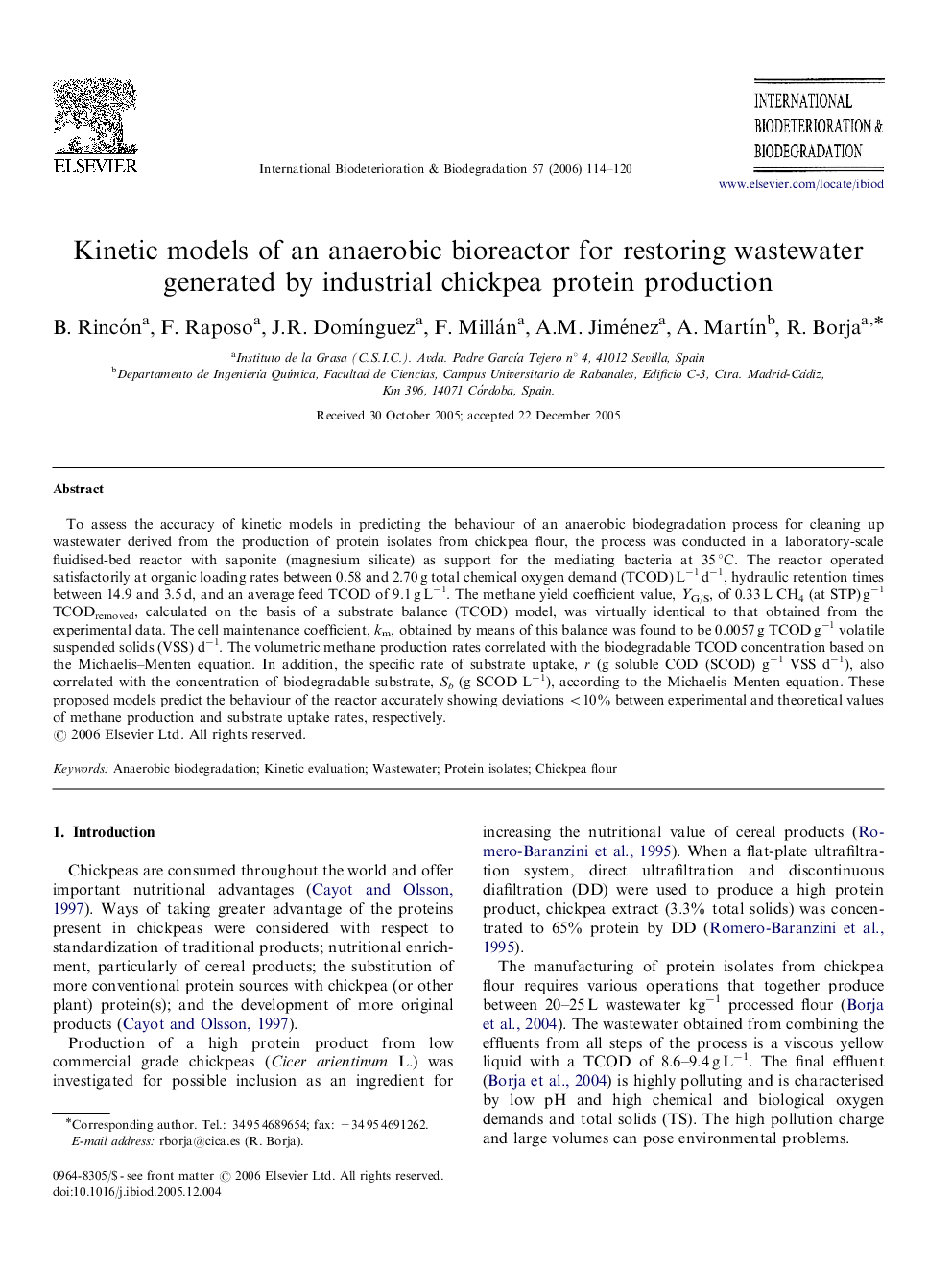 Kinetic models of an anaerobic bioreactor for restoring wastewater generated by industrial chickpea protein production