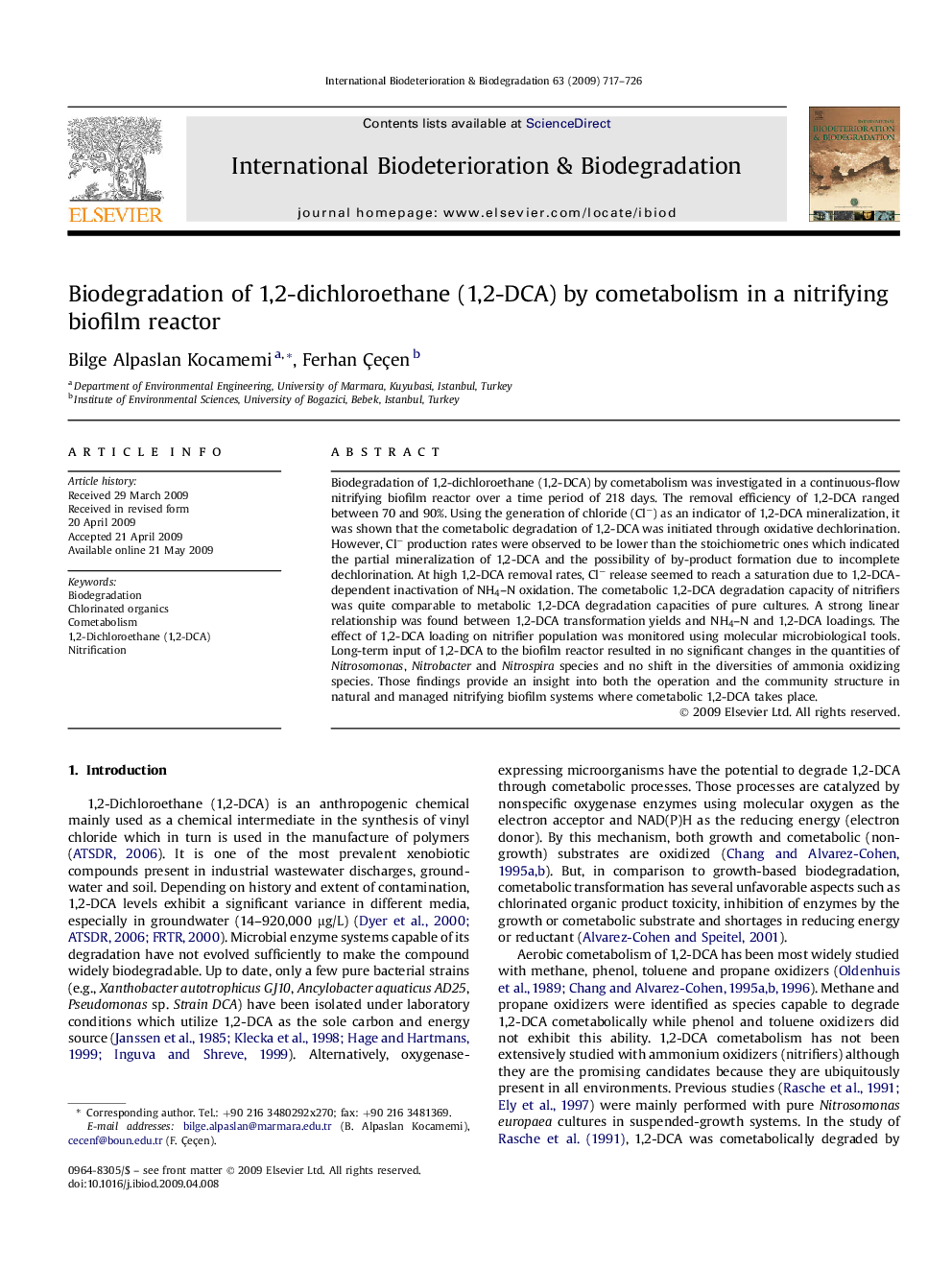 Biodegradation of 1,2-dichloroethane (1,2-DCA) by cometabolism in a nitrifying biofilm reactor