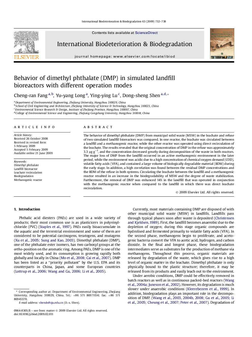 Behavior of dimethyl phthalate (DMP) in simulated landfill bioreactors with different operation modes