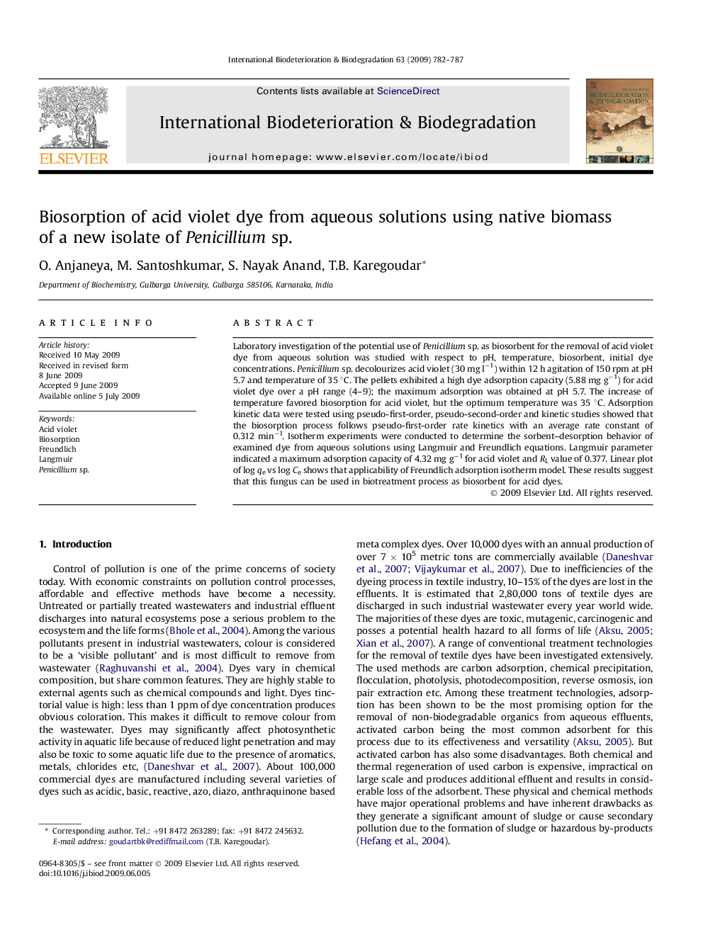 Biosorption of acid violet dye from aqueous solutions using native biomass of a new isolate of Penicillium sp.