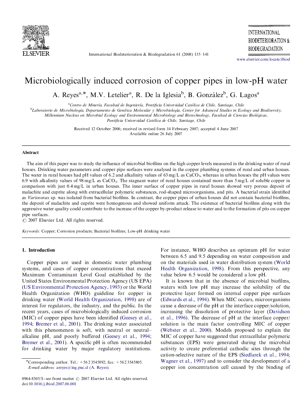 Microbiologically induced corrosion of copper pipes in low-pH water