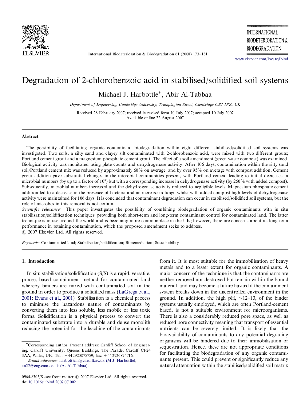 Degradation of 2-chlorobenzoic acid in stabilised/solidified soil systems