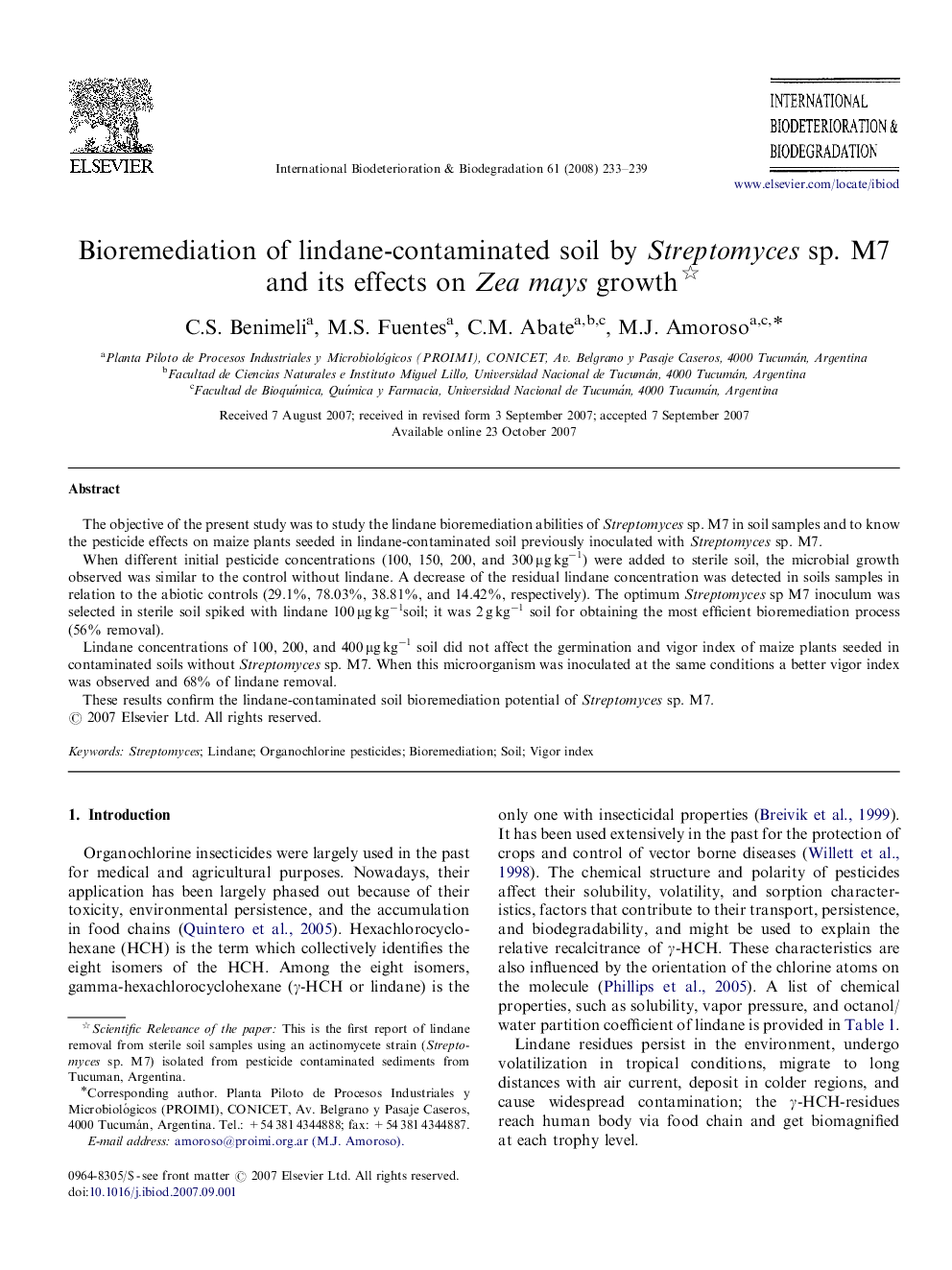 Bioremediation of lindane-contaminated soil by Streptomyces sp. M7 and its effects on Zea mays growth 