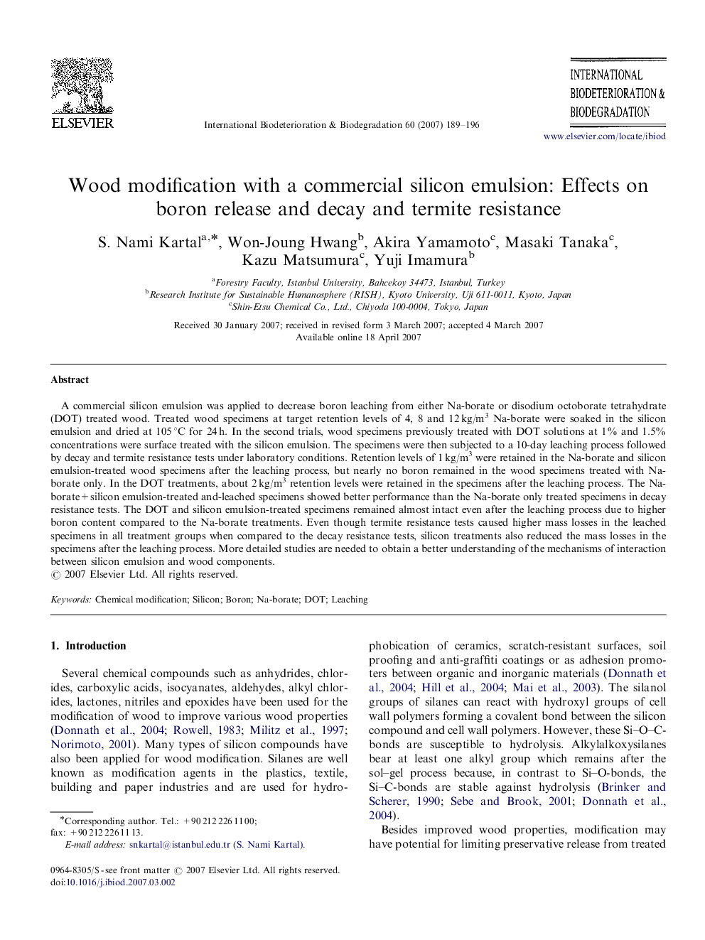 Wood modification with a commercial silicon emulsion: Effects on boron release and decay and termite resistance