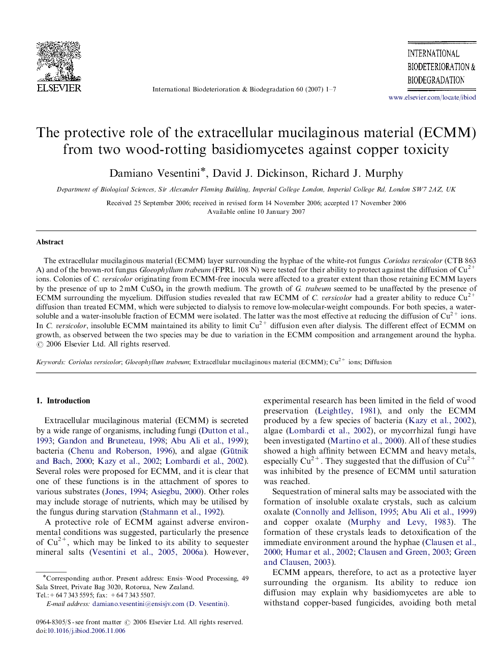 The protective role of the extracellular mucilaginous material (ECMM) from two wood-rotting basidiomycetes against copper toxicity