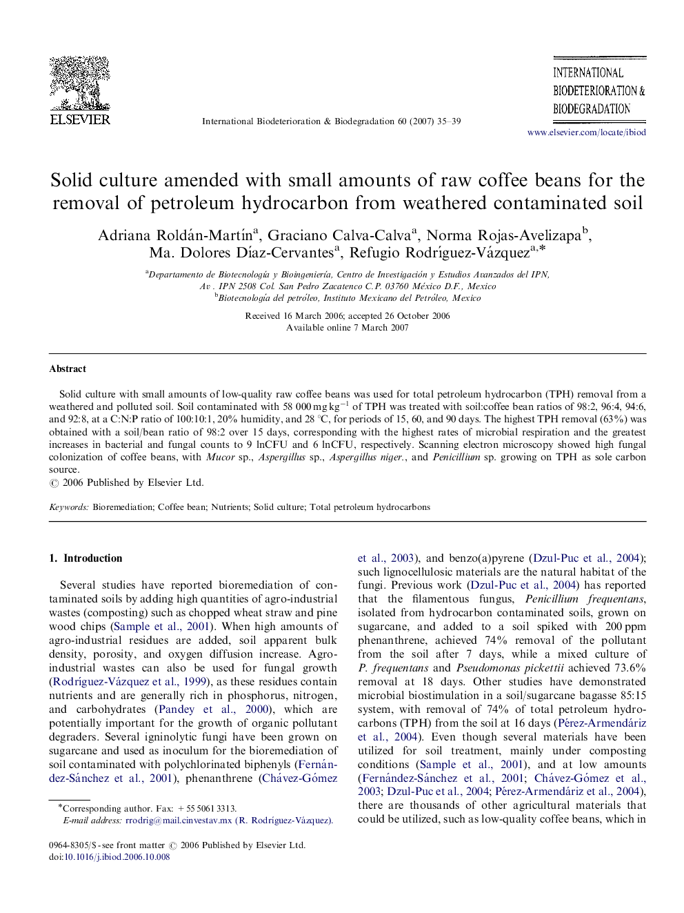 Solid culture amended with small amounts of raw coffee beans for the removal of petroleum hydrocarbon from weathered contaminated soil