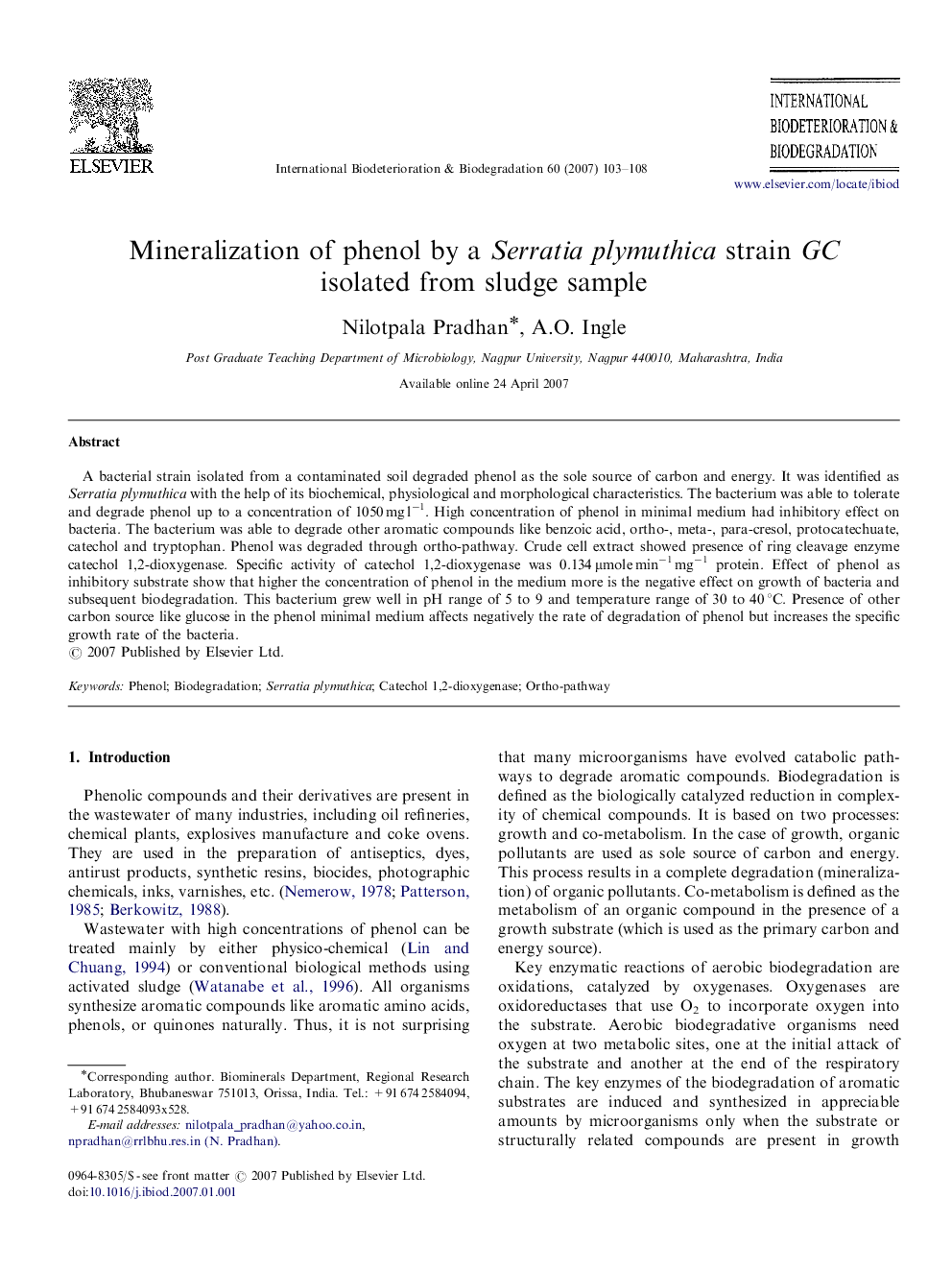 Mineralization of phenol by a Serratia plymuthica strain GC isolated from sludge sample