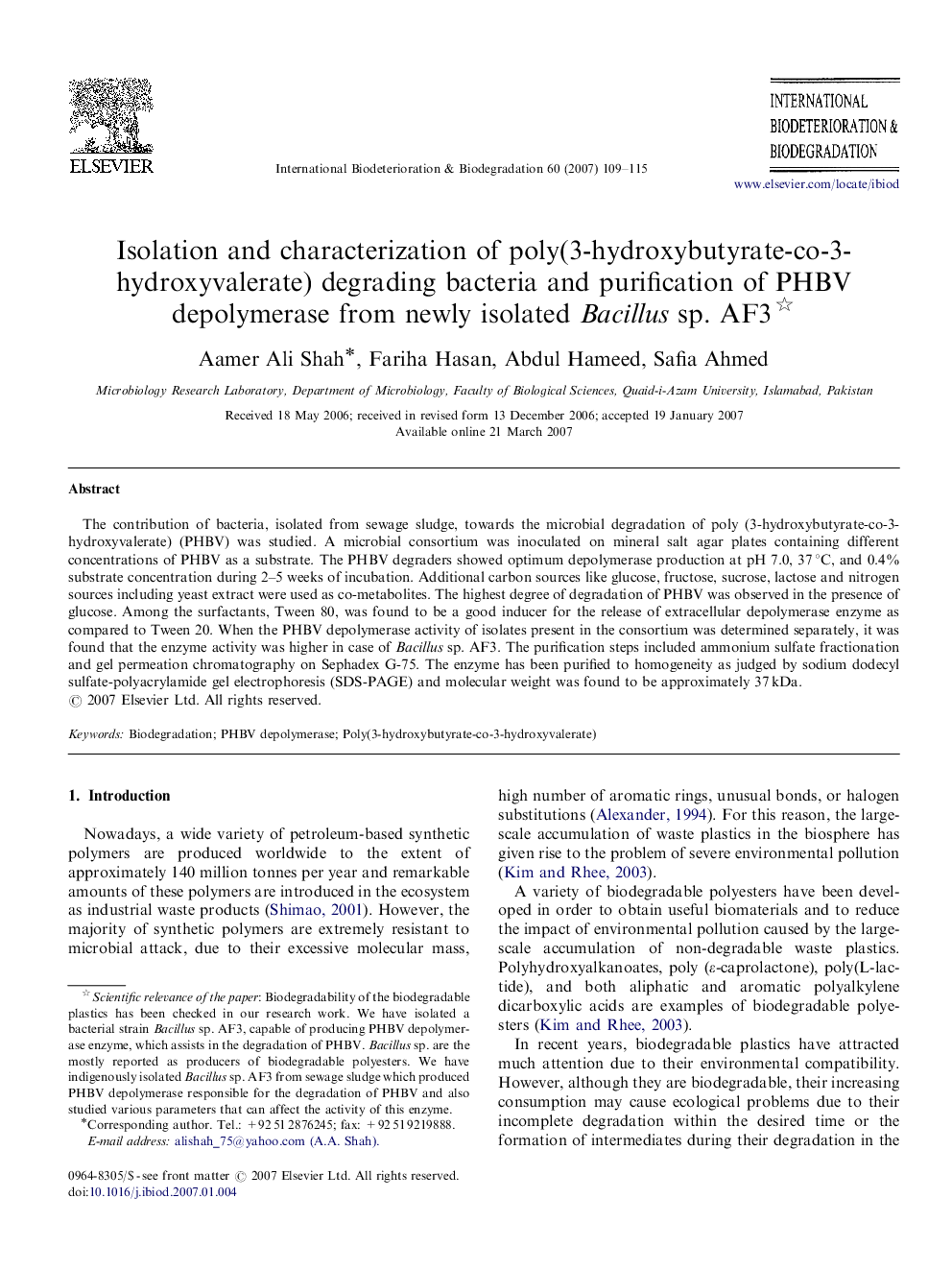 Isolation and characterization of poly(3-hydroxybutyrate-co-3-hydroxyvalerate) degrading bacteria and purification of PHBV depolymerase from newly isolated Bacillus sp. AF3 