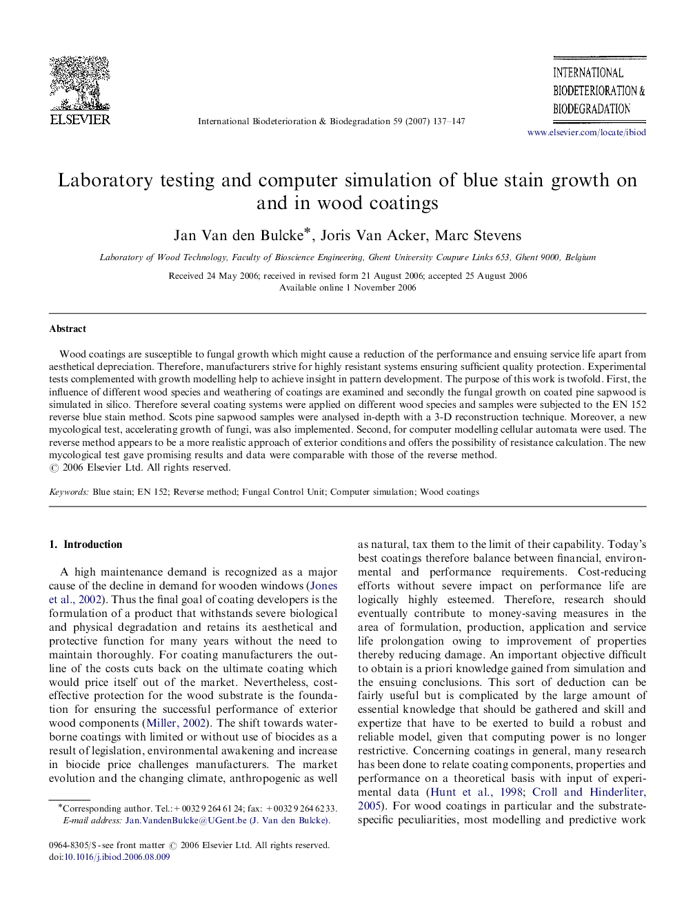 Laboratory testing and computer simulation of blue stain growth on and in wood coatings