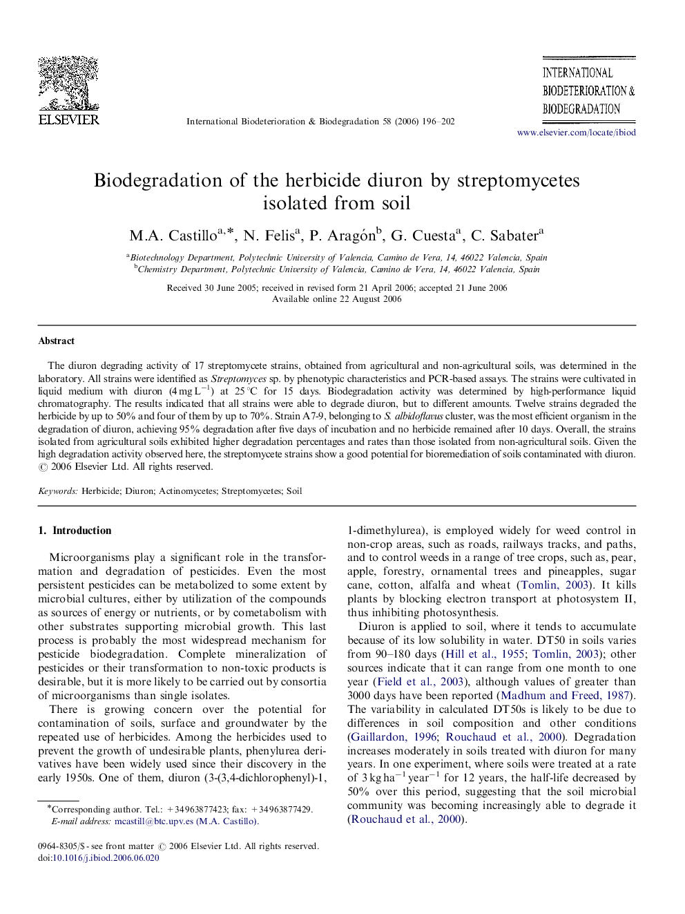 Biodegradation of the herbicide diuron by streptomycetes isolated from soil