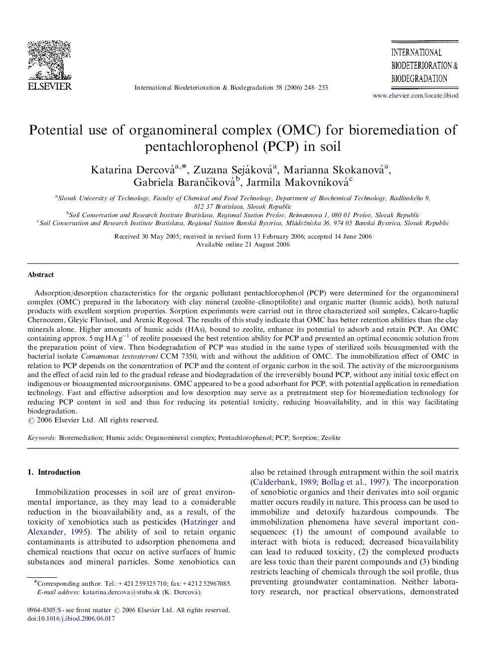 Potential use of organomineral complex (OMC) for bioremediation of pentachlorophenol (PCP) in soil