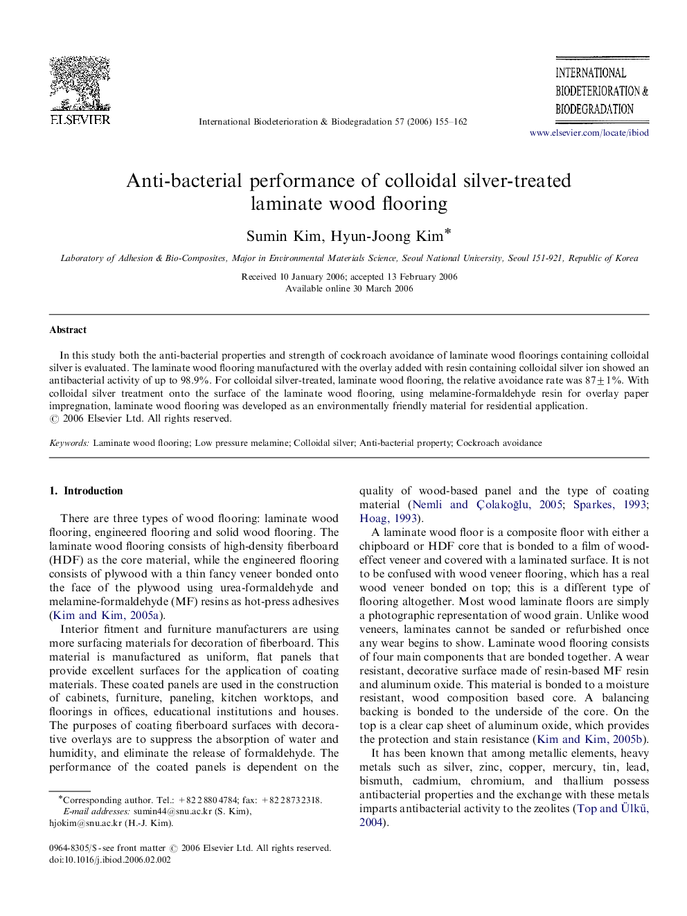 Anti-bacterial performance of colloidal silver-treated laminate wood flooring