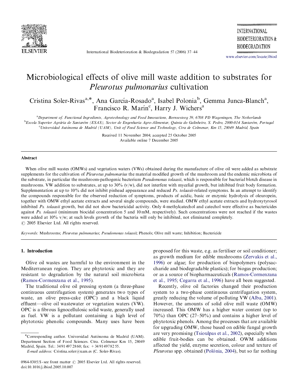 Microbiological effects of olive mill waste addition to substrates for Pleurotus pulmonarius cultivation