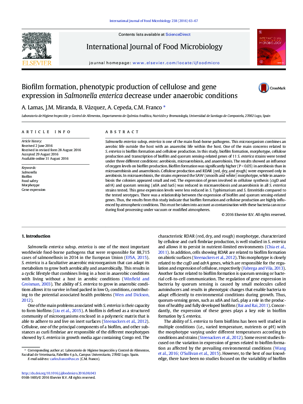 Biofilm formation, phenotypic production of cellulose and gene expression in Salmonella enterica decrease under anaerobic conditions