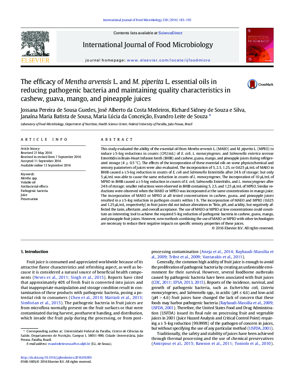 The efficacy of Mentha arvensis L. and M. piperita L. essential oils in reducing pathogenic bacteria and maintaining quality characteristics in cashew, guava, mango, and pineapple juices