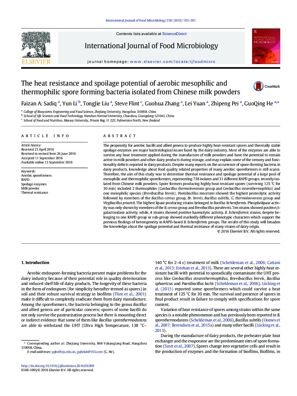 The heat resistance and spoilage potential of aerobic mesophilic and thermophilic spore forming bacteria isolated from Chinese milk powders